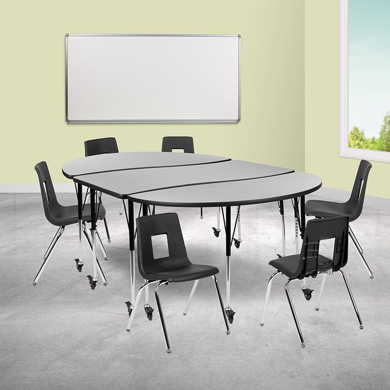  Mobile 86" Oval Wave Collaborative Laminate Activity Table Set With 18" Student Stack Chairs, Grey/Black By Flash Furniture 