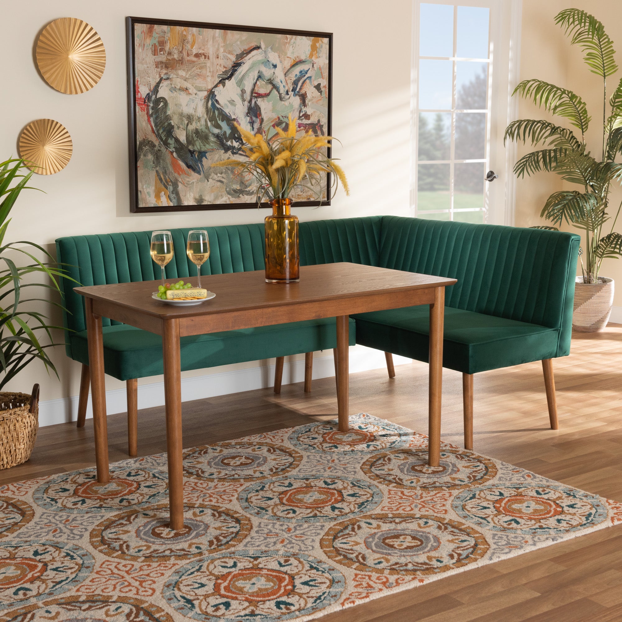  Baxton Studio Alvis Mid-Century Modern Emerald Green Velvet Upholstered And Walnut Brown Finished Wood 3-Piece Dining Nook Set 