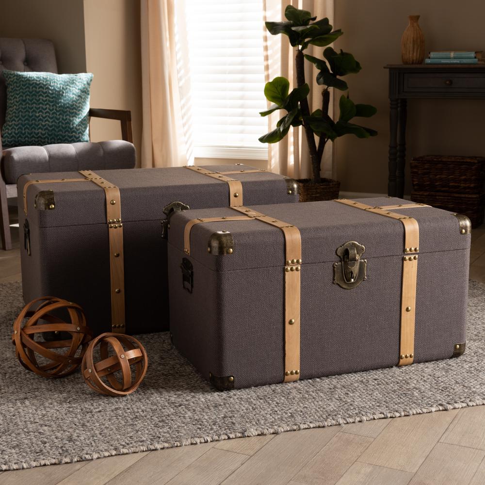  Baxton Studio Stephen Modern and Contemporary Transitional Dark Brown Fabric Upholstered and Oak Brown Finished 2-Piece Storage Trunk Set 