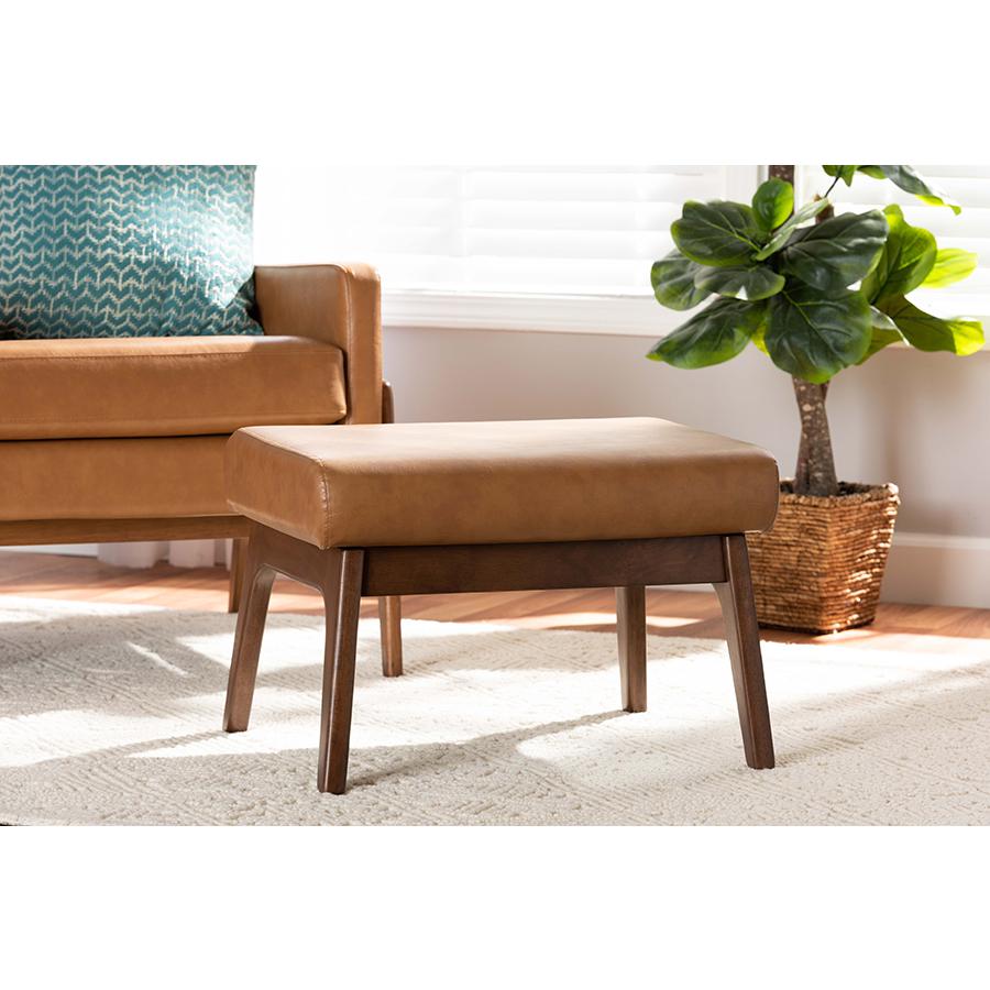  Baxton Studio Bianca Mid-Century Modern Walnut Brown Finished Wood and Tan Faux Leather Effect Ottoman 