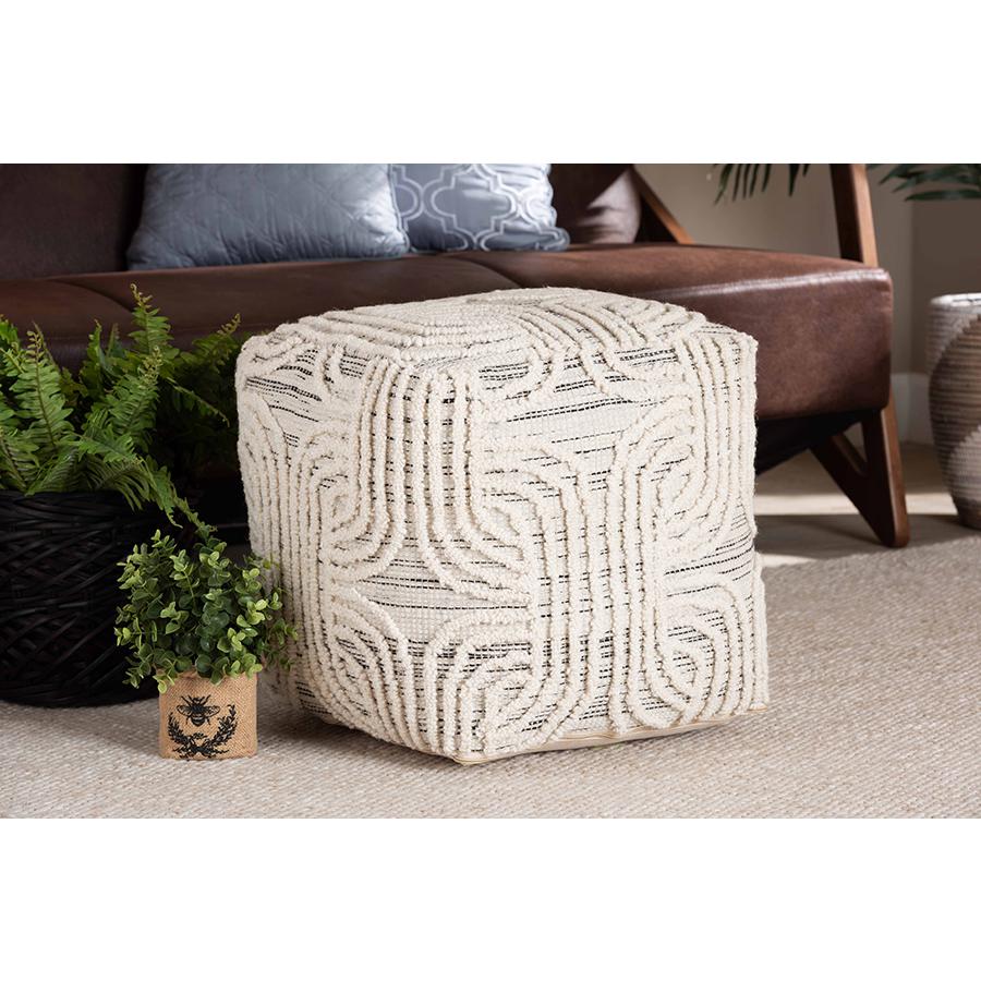  Baxton Studio Arlett Modern and Contemporary Bohemian Ivory and Black Handwoven Wool Blend Pouf Ottoman 