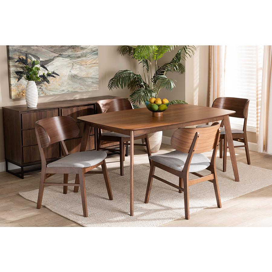  Baxton Studio Alston Mid-Century Modern Grey Fabric Upholstered and Walnut Brown Finished Wood 5-Piece Dining Set 