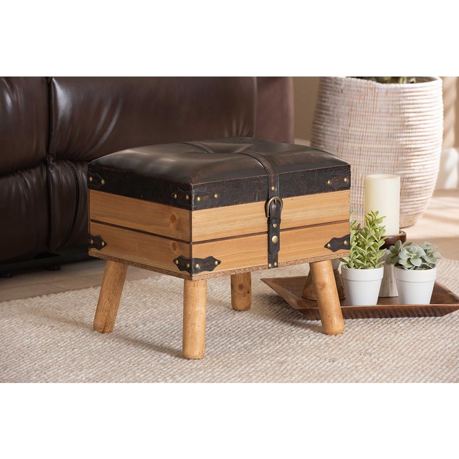  Baxton Studio Amena Rustic Transitional Dark Brown PU Leather Upholstered and Oak Finished Wood Small Storage Ottoman 