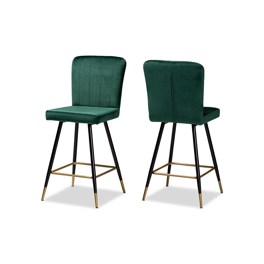  Baxton Studio Preston Modern Luxe and Glam Green Velvet Fabric Upholstered and Two-Tone Black and Gold Finished Metal 2-Piece Bar Stool Set 