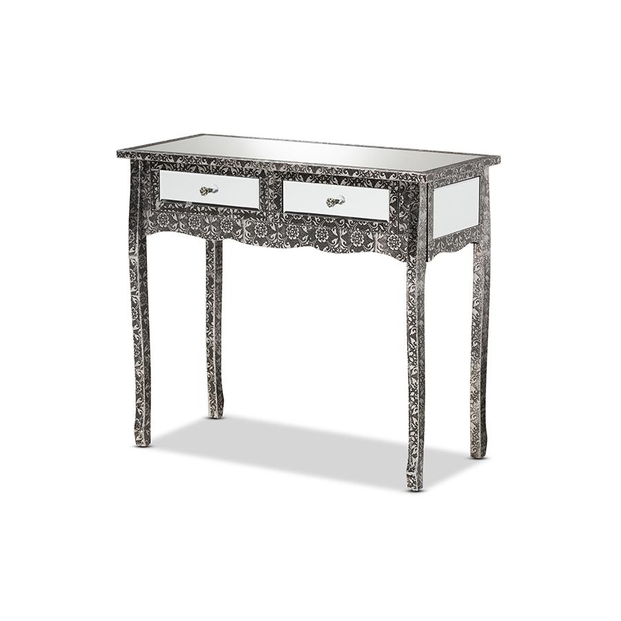  Baxton Studio Wycliff Industrial Glam and Luxe Silver Finished Metal and Mirrored Glass 2-Drawer Console Table 