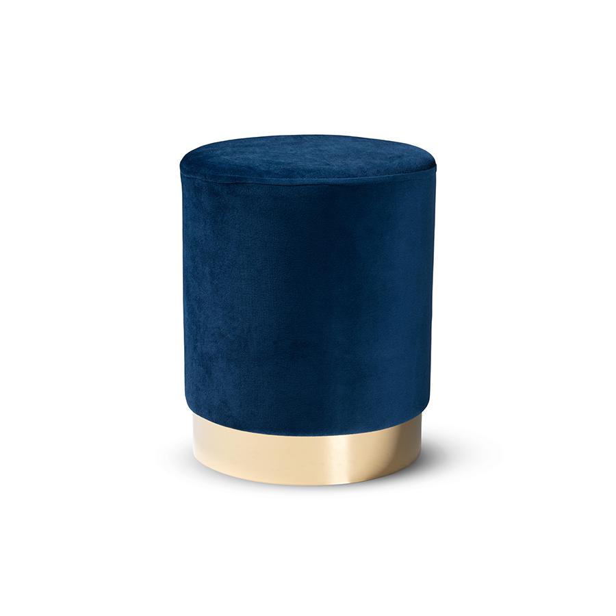  Baxton Studio Chaela Contemporary Glam and Luxe Navy Blue Velvet Fabric Upholstered and Gold Finished Metal Ottoman 