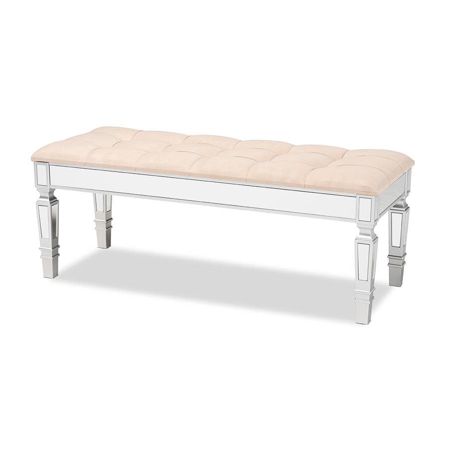  Baxton Studio Hedia Contemporary Glam and Luxe Beige Fabric Upholstered and Silver Finished Wood Accent Bench 