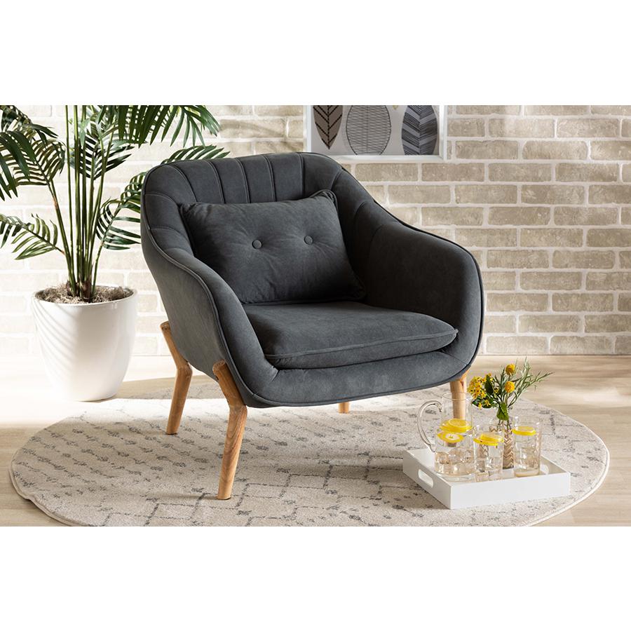  Baxton Studio Valentina Mid-Century Modern Transitional Grey Velvet Fabric Upholstered and Natural Wood Finished Armchair 