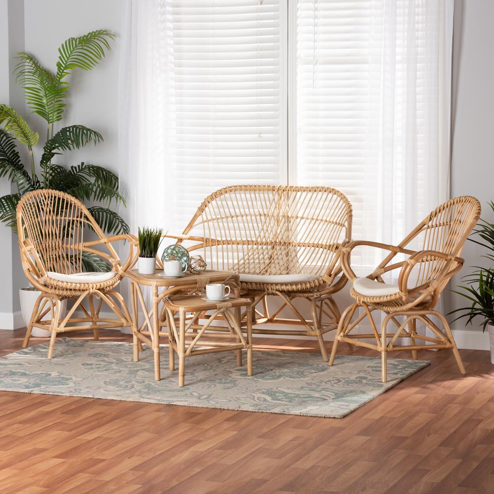  Baxton Studio Jayden Modern Bohemian White Fabric Upholstered and Natural Brown Finished Rattan 5-Piece Living Room Set 