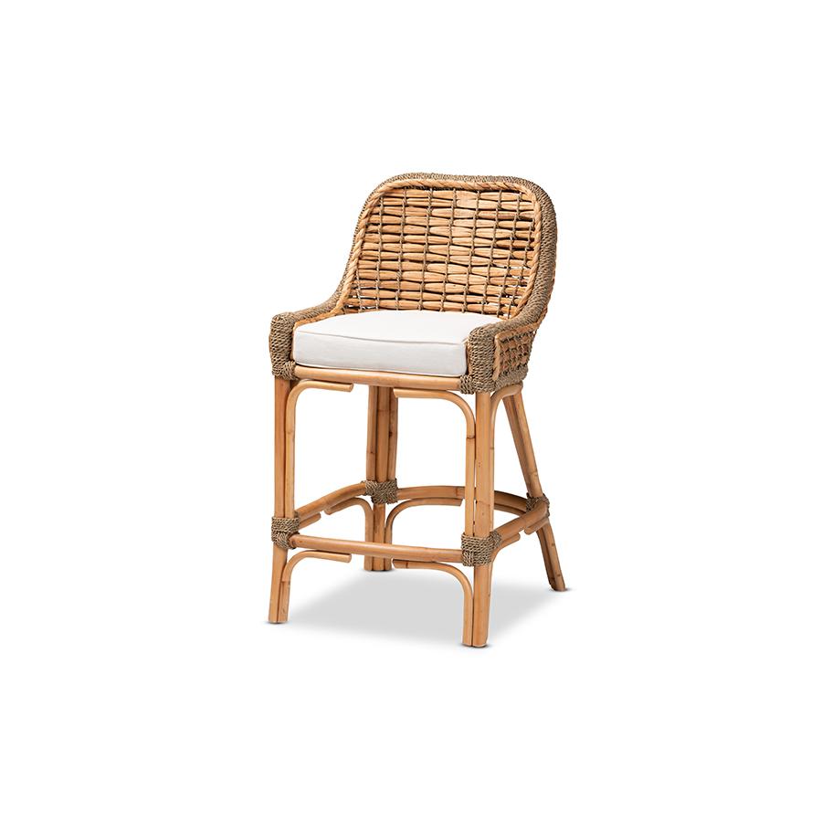  Baxton Studio Kyle Modern Bohemian Natural Brown Woven Rattan Counter Stool with Cushion 