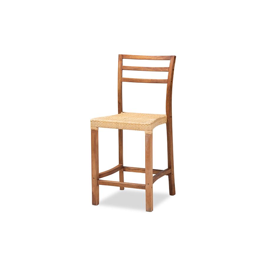  Baxton Studio Arthur Mid-Century Modern Walnut Brown Finished Wood and Natural Rattan Counter Stool 