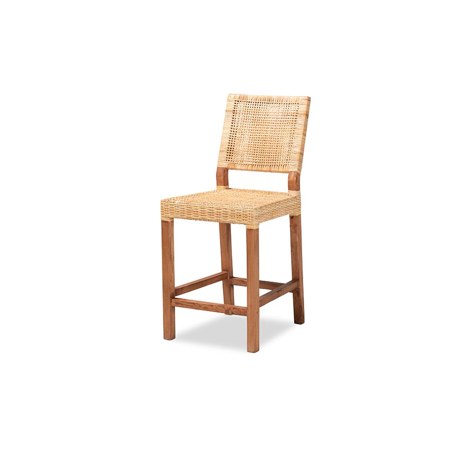  Baxton Studio Lesia Modern Bohemian Natural Brown Rattan and Walnut Brown Finished Wood Counter Stool 