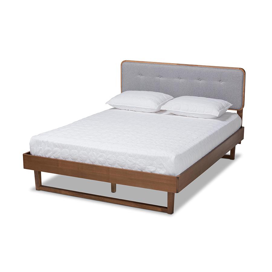  Baxton Studio Natalia Mid-Century Modern Light Grey Fabric Upholstered and Ash Walnut Finished Wood Queen Size Platform Bed 