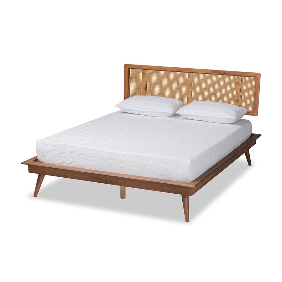  Baxton Studio Nura Mid-Century Modern Walnut Brown Finished Wood and Synthetic Rattan Queen Size Platform Bed 