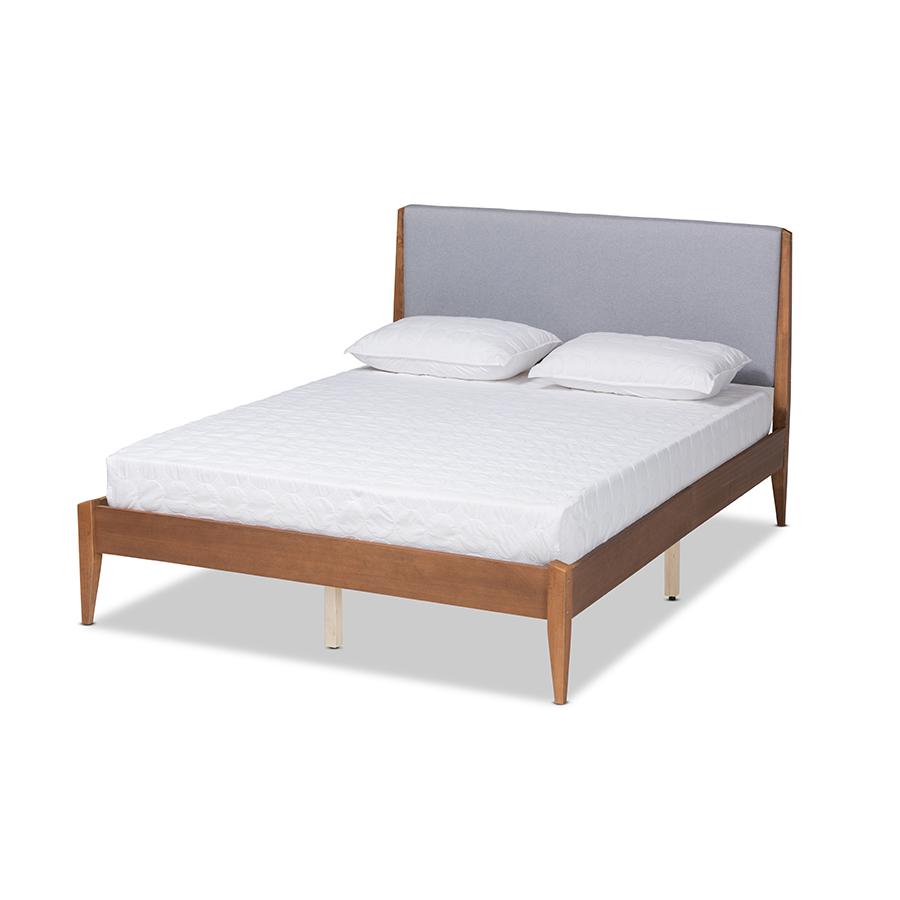  Baxton Studio Lenora Mid-Century Modern Grey Fabric Upholstered and Walnut Brown Finished Wood King Size Platform Bed 