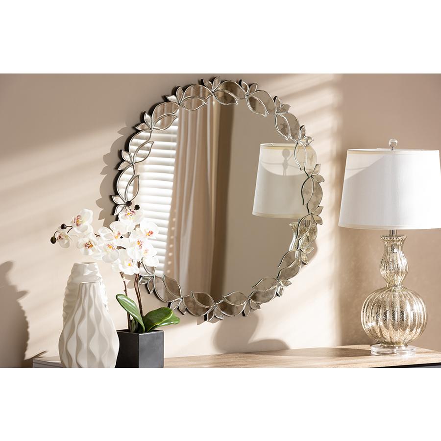  Baxton Studio Luiza Modern and Contemporary Silver Finished Round Petal Leaf Accent Wall Mirror 