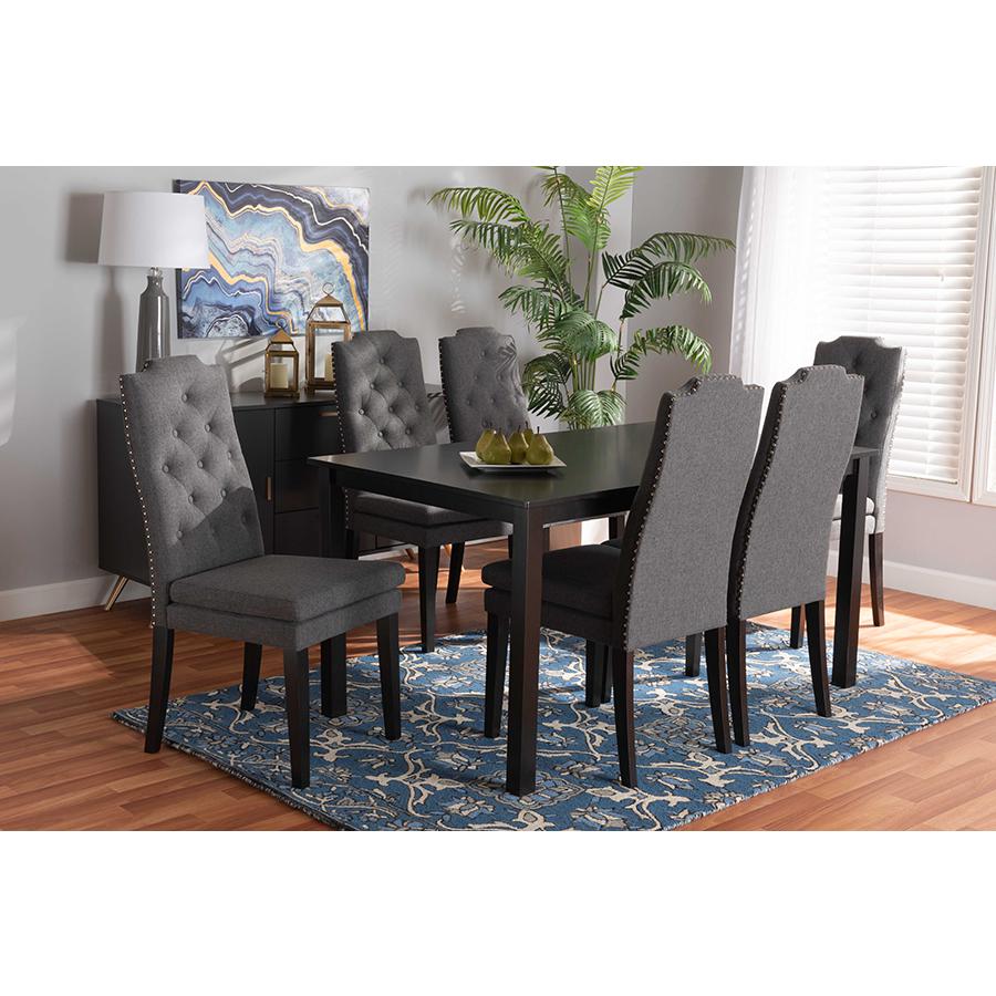  Baxton Studio Dylin Modern and Contemporary Dark Grey Fabric Upholstered and Dark Brown Finished Wood 7-Piece Dining Set 