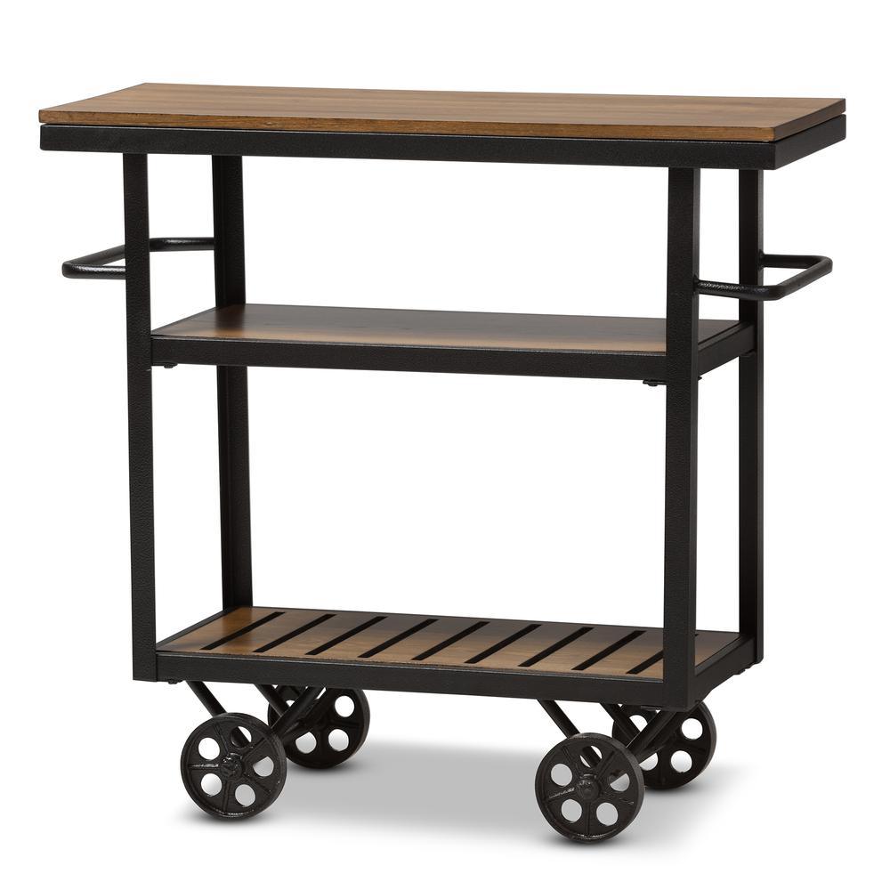  Baxton Studio Kennedy Rustic Industrial Style Antique Black Textured Finished Metal Distressed Wood Mobile Serving Cart 