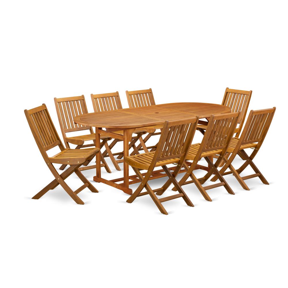  9-Piece Patio Set- 8 Modern Chairs Slatted Back And Outdoor Coffee Table And Round Top And Dining Tables By East West Furniture 