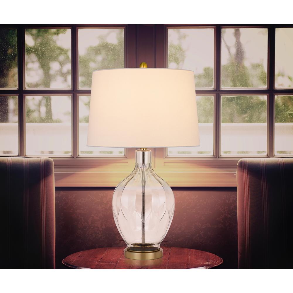  150W 3 Way Bancroft Glass Table Lamp With Hardback Taper Drum Fabric Shade, Clear/Antique Brass By Cal Lighting 