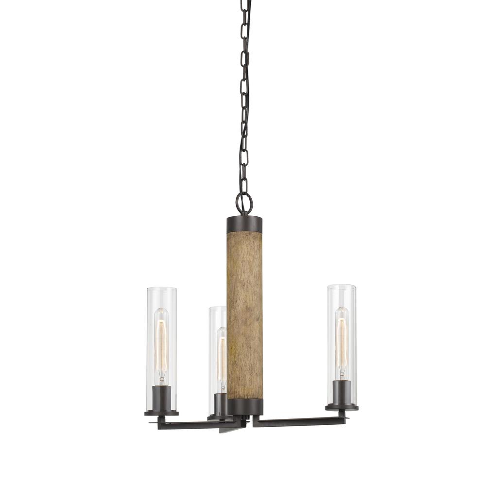  60W X 3 Silverton Metal/Wood 3 Light Chandelier With Glass Shades. (Edison Bulbs Included) By Cal Lighting 