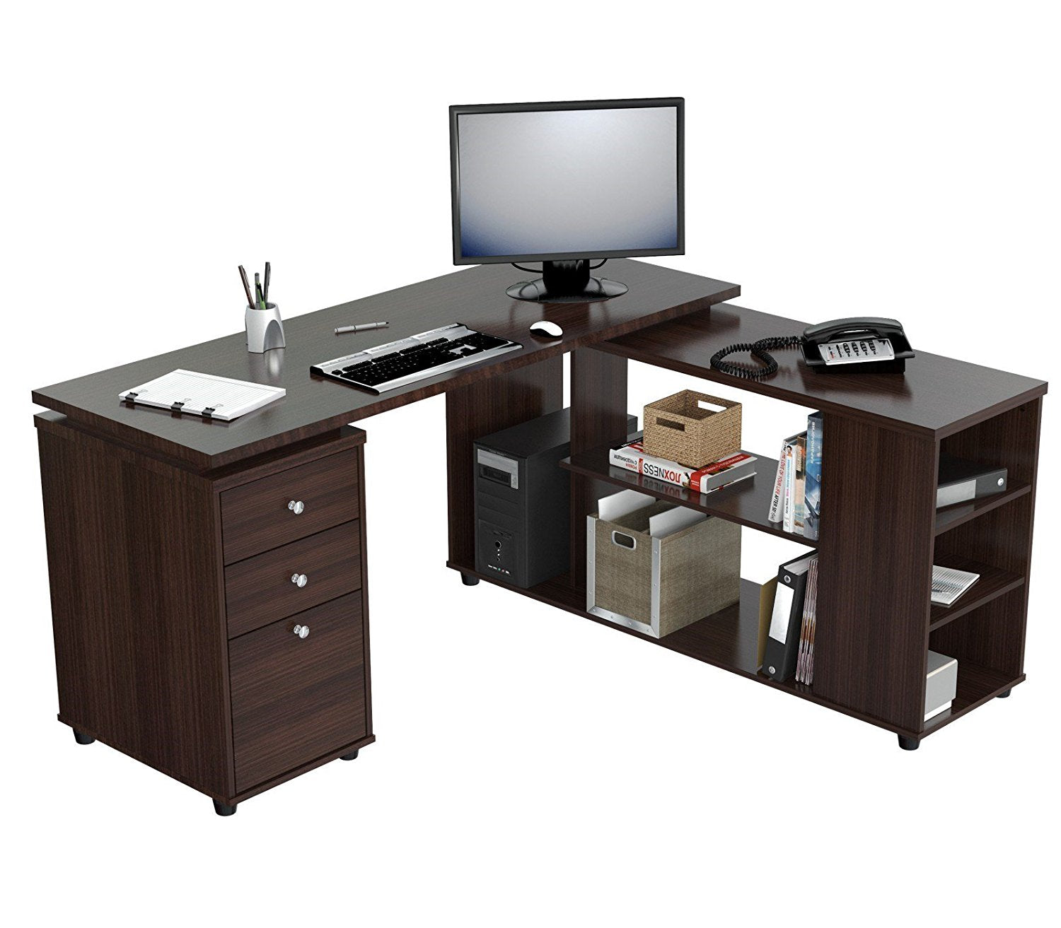  Espresso Finish 3 Drawer L Shape Computer Desk with Storage By Homeroots 