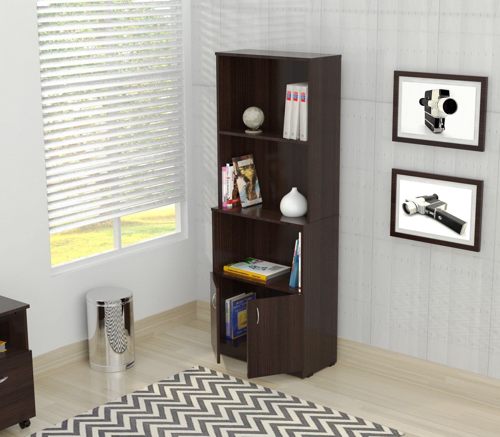  Espresso Finish Wood Three Self and Cabinet Bookcase By Homeroots 