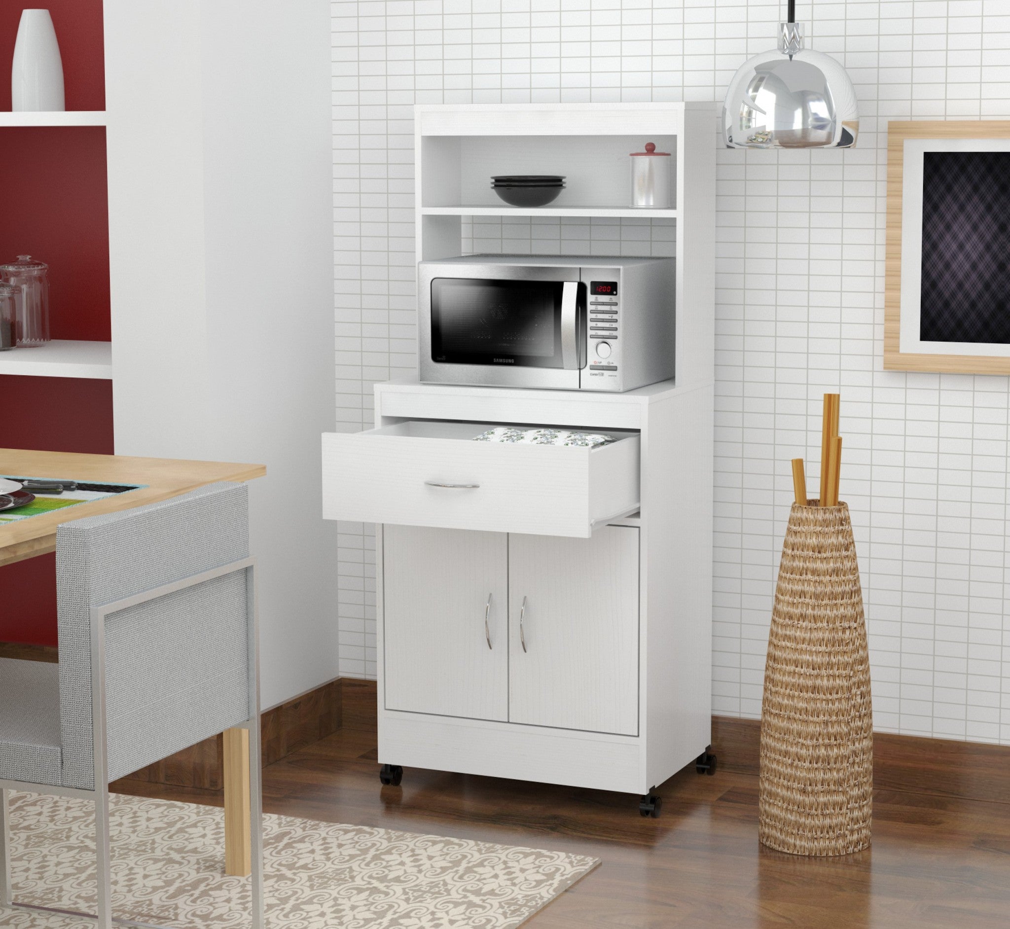  White Finish Wood Microwave Cabinet With Two Doors And Drawer By Homeroots 