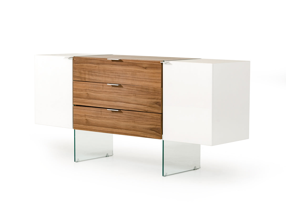  30" White And Walnut Veneer, Mdf, Glass, And Steel Floating Buffet By Homeroots 