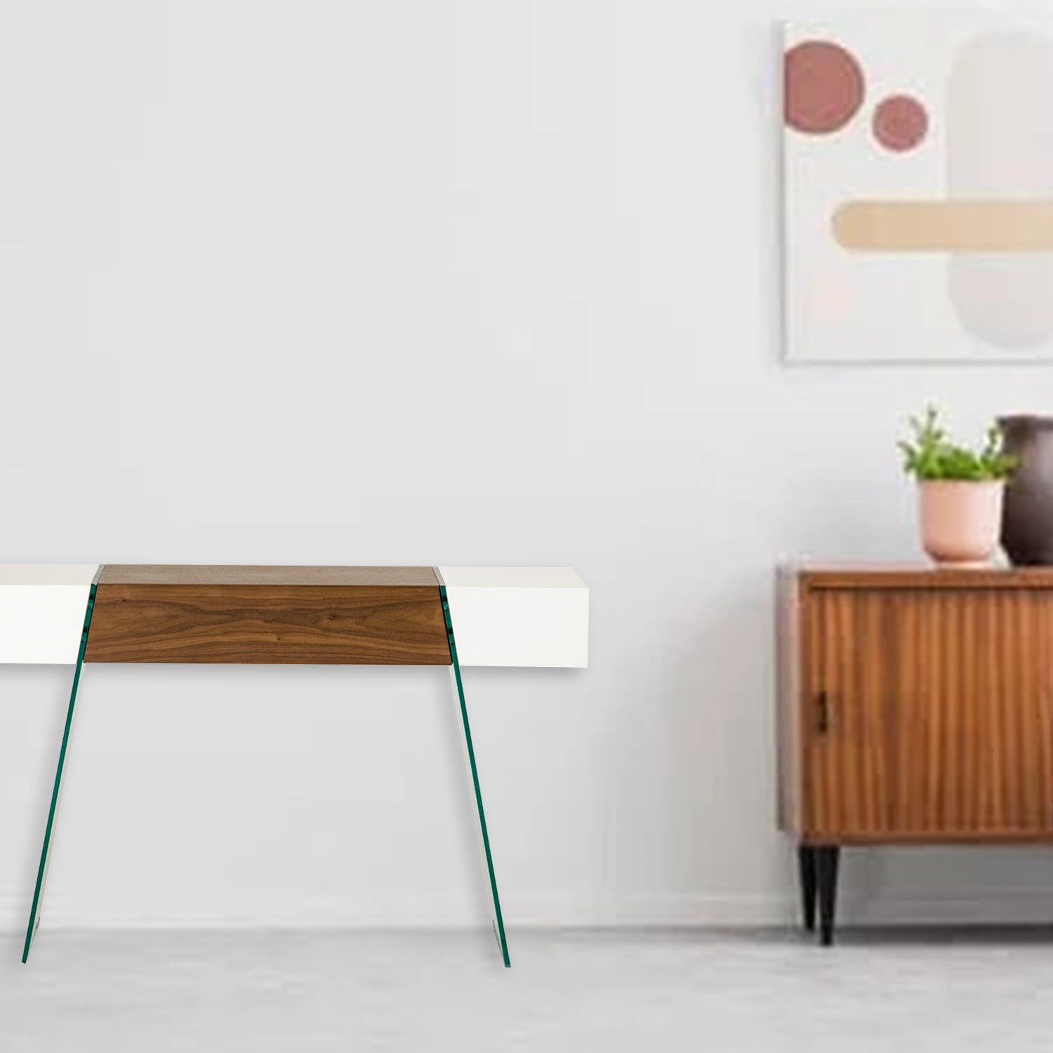  29' White and Walnut Veneer MDF and Glass Floating Console Table By Homeroots 