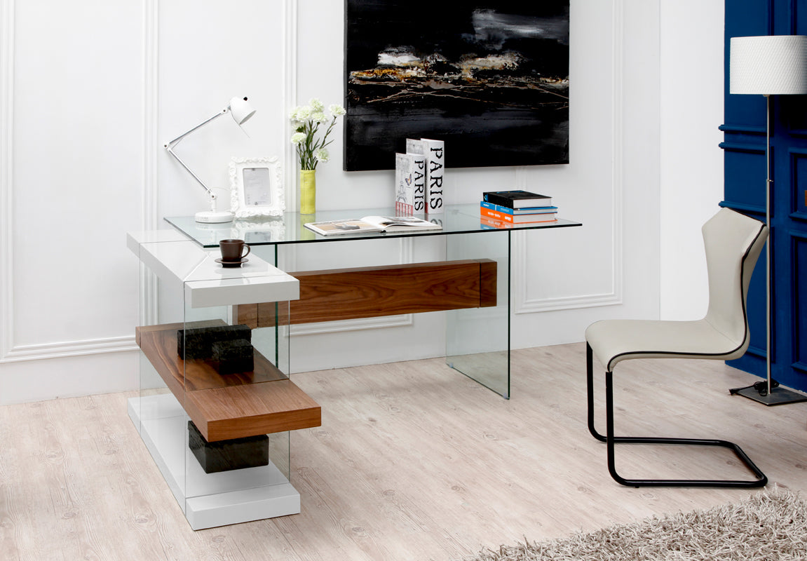  30" White and Walnut Veneer MDF and Glass Desk with Shelves By Homeroots 