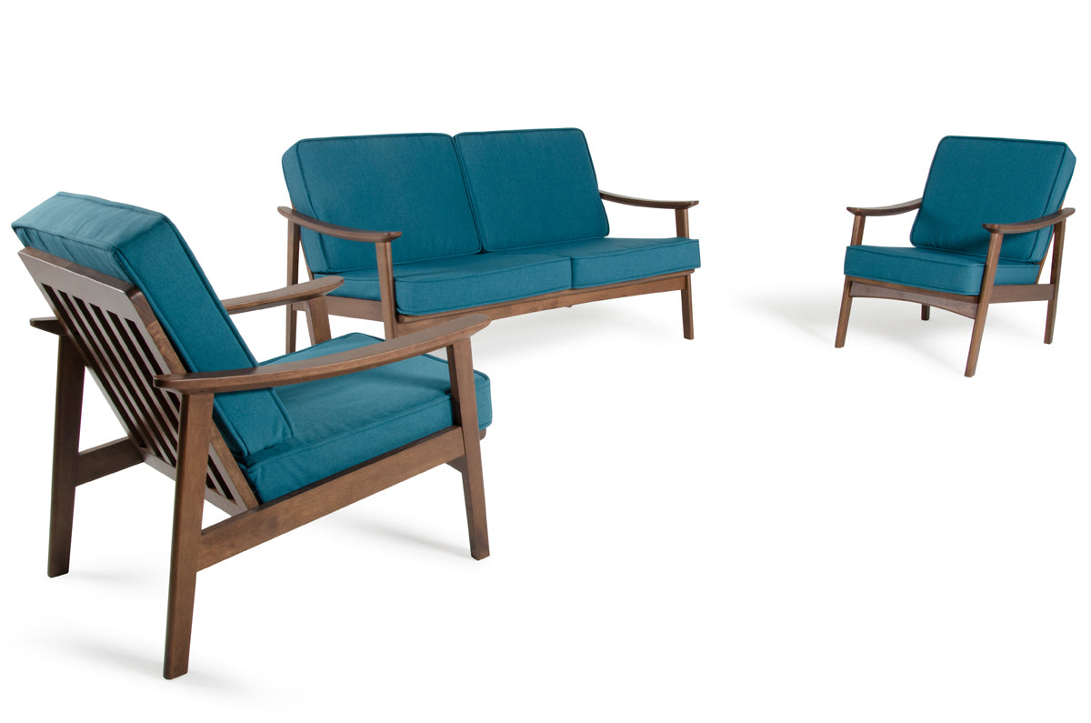  32" Blue and Walnut Wood and Linen Sofa Set By Homeroots 