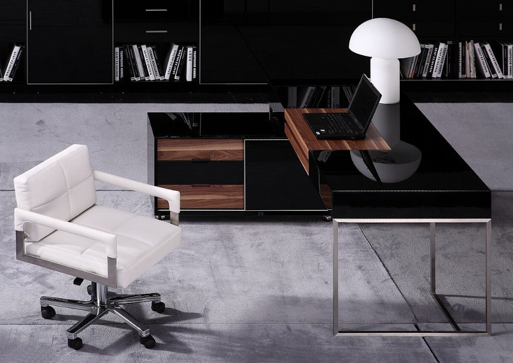  29.5 Black Gloss and Walnut Veneer and Stainless Steel Office Desk By Homeroots 