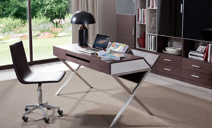  30 Brown Oak and Grey Veneer and Stainless Steel Office Desk By Homeroots 