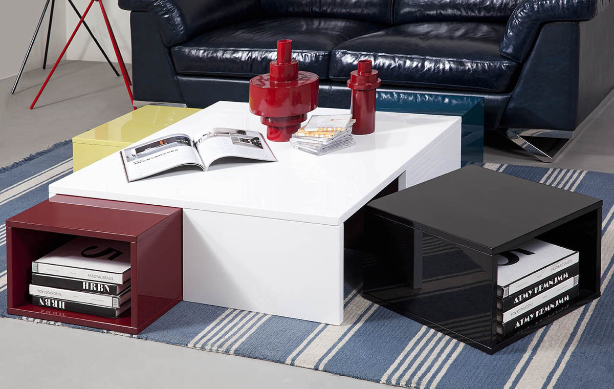  12' White Coffee Table with Colored Stools By Homeroots 