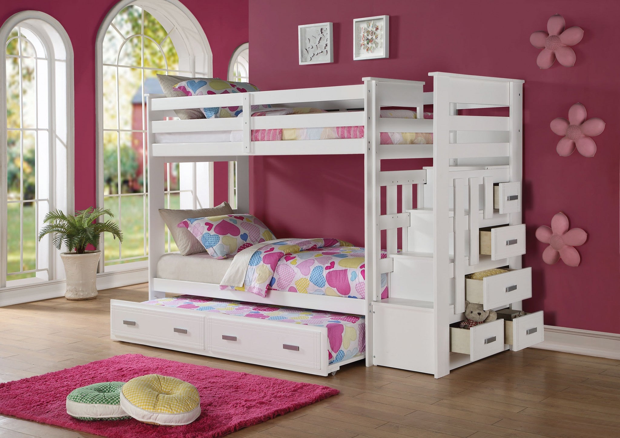  Twin Over Twin White Storage Ladder And Trundle Bunk Bed By Homeroots 