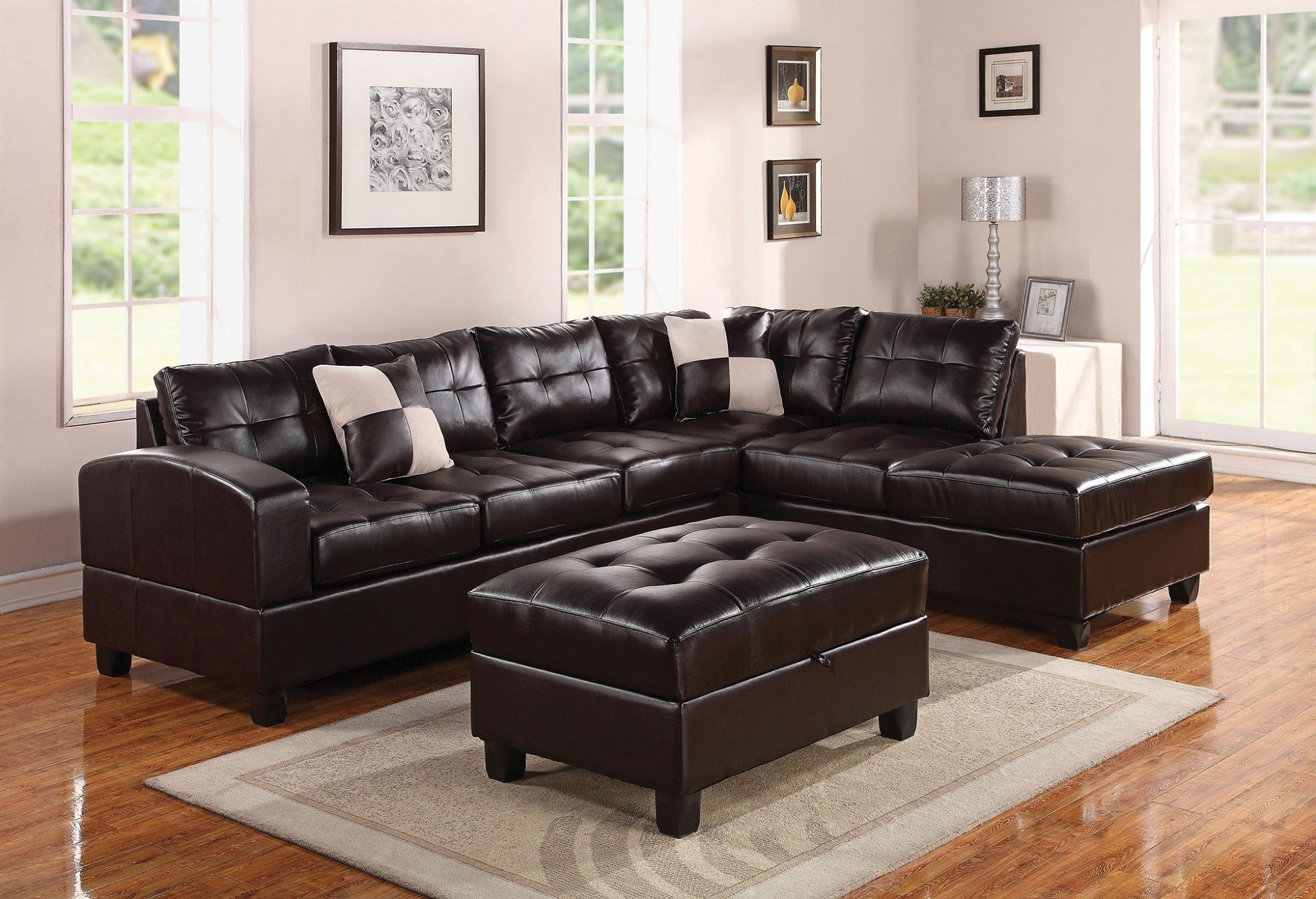  Black Bonded Leather Reversible Sectional Sofa With Pillows By Homeroots 