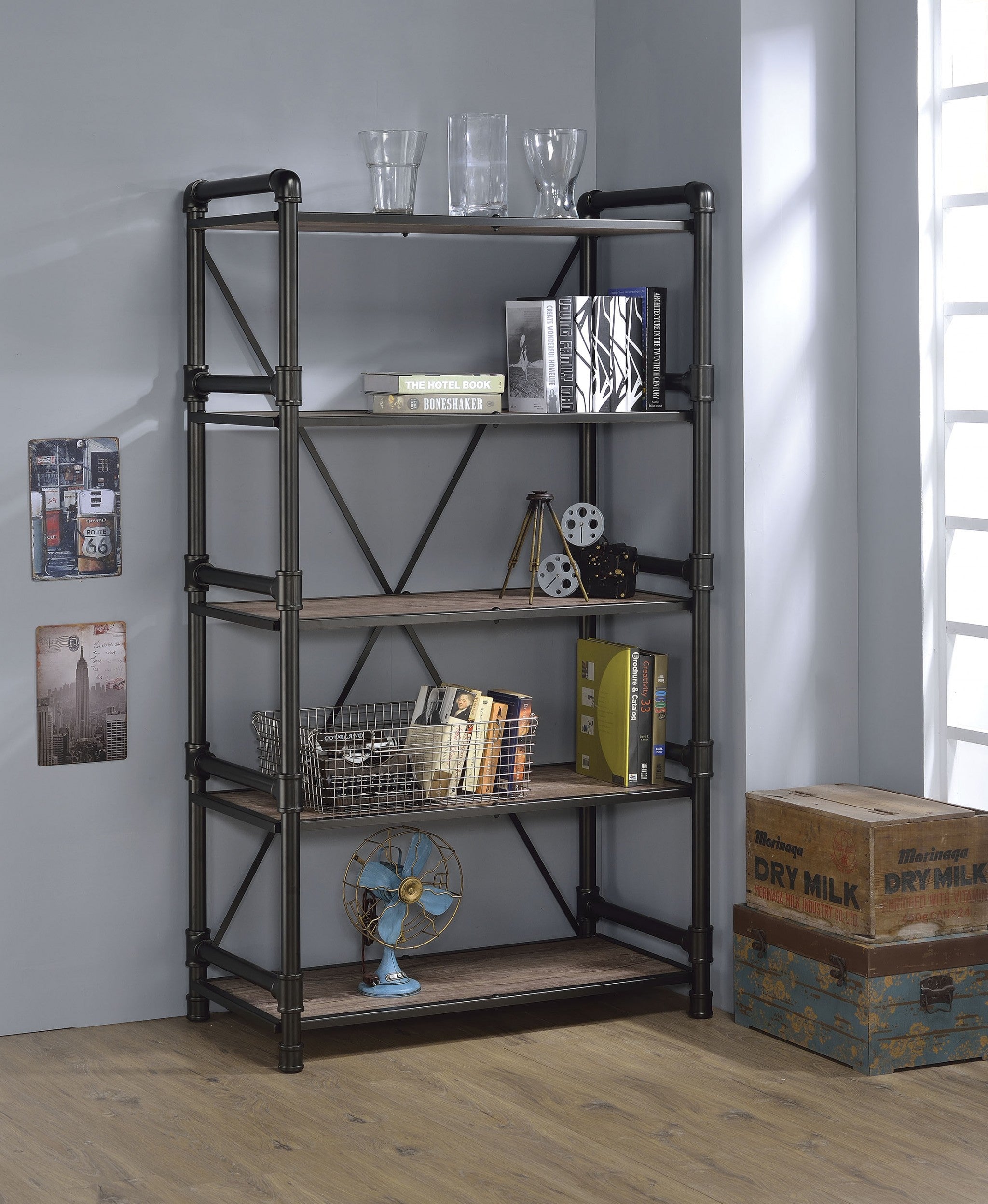  Rustic Oak And Black Particle Board Bookshelf By Homeroots 