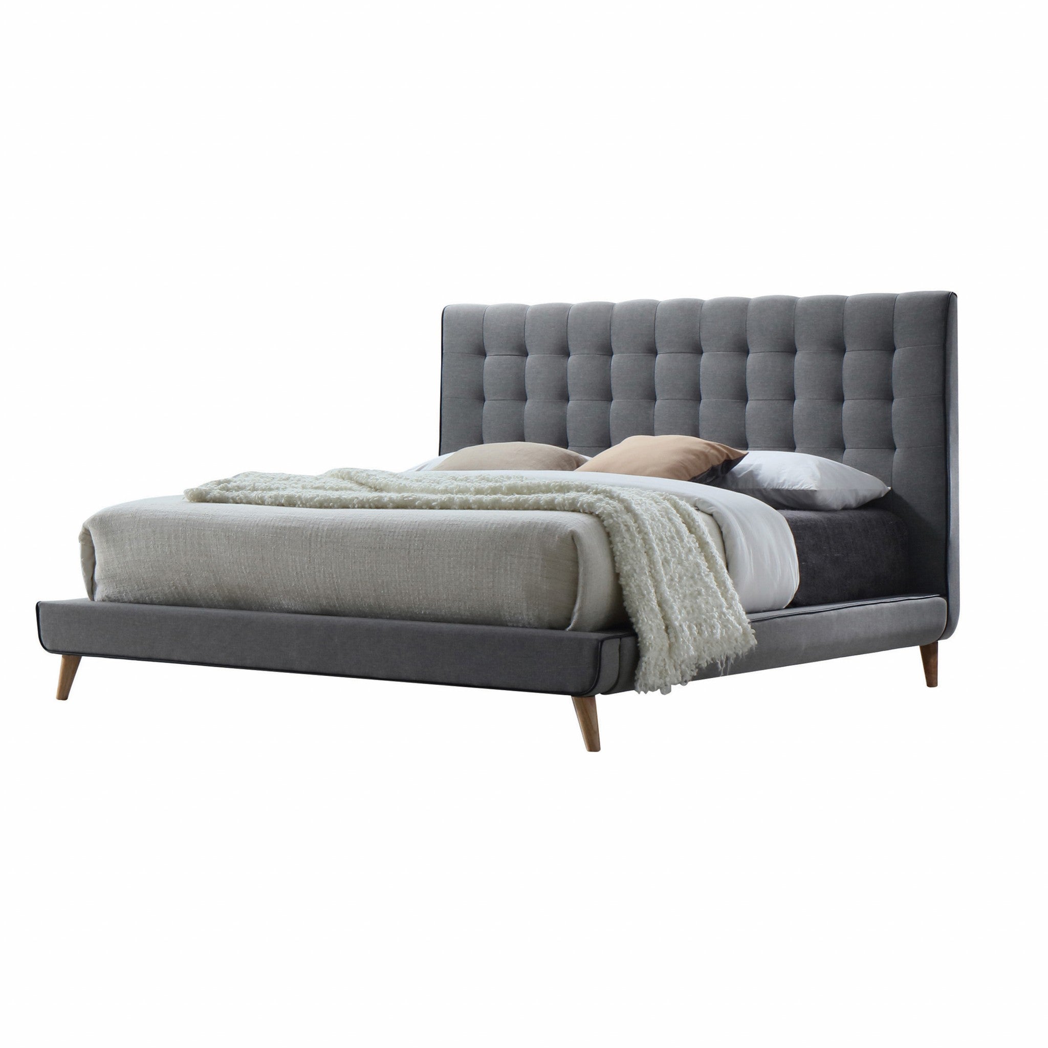  Light Gray Buttonless Tufted Fabric Queen Bed With Natural Finish Legs By Homeroots 