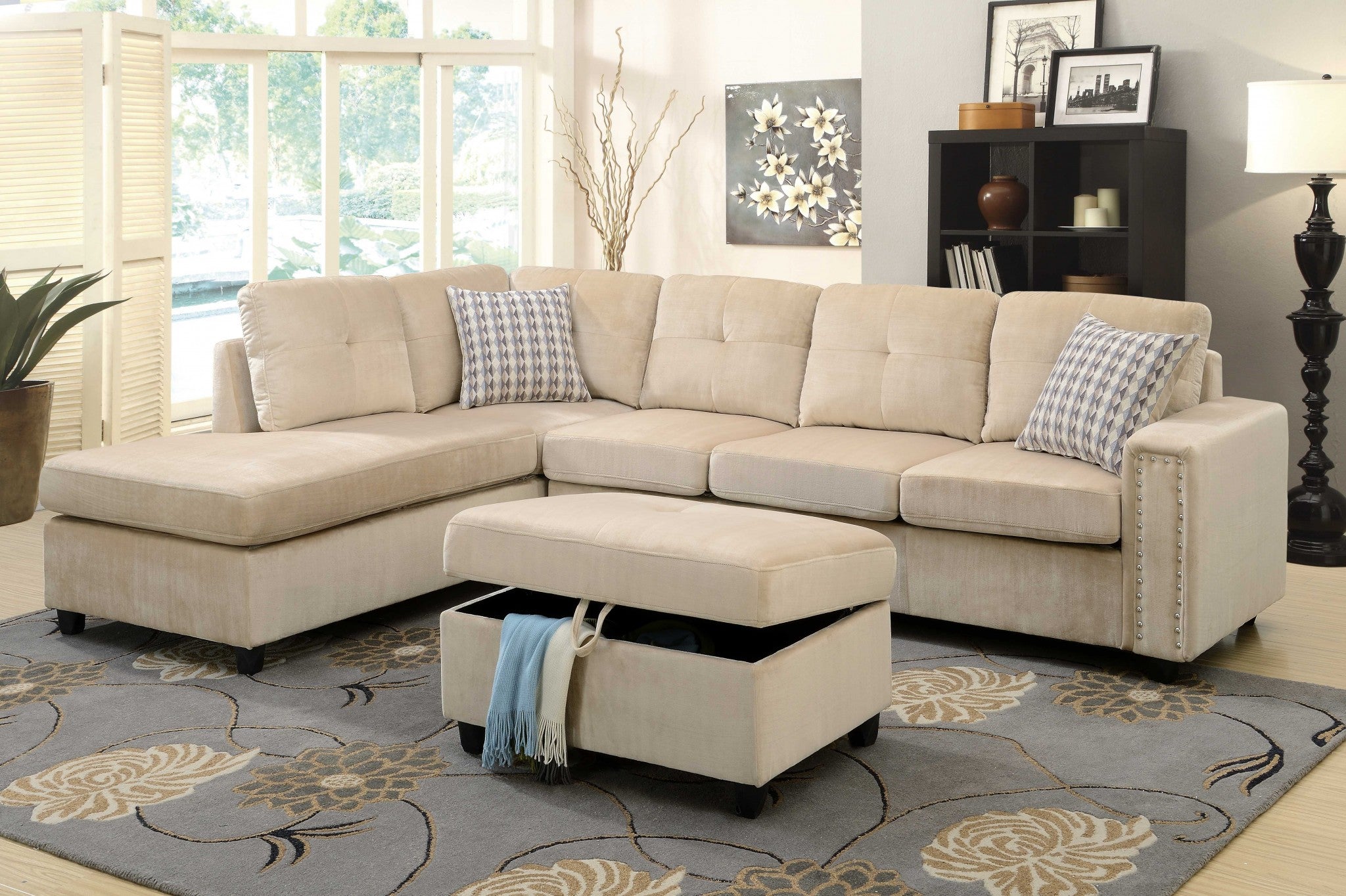  Beige Velvet Reversible Sectional Sofa With Pillows By Homeroots 