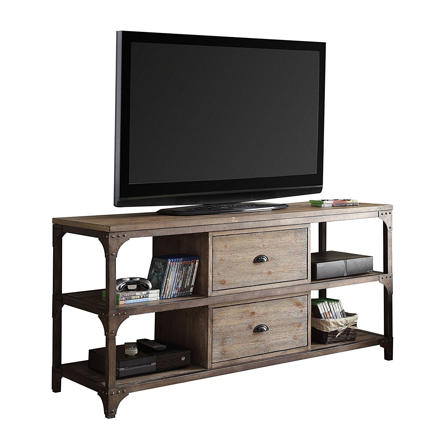  Weathered Oak And Antique Silver Tv Stand By Homeroots 