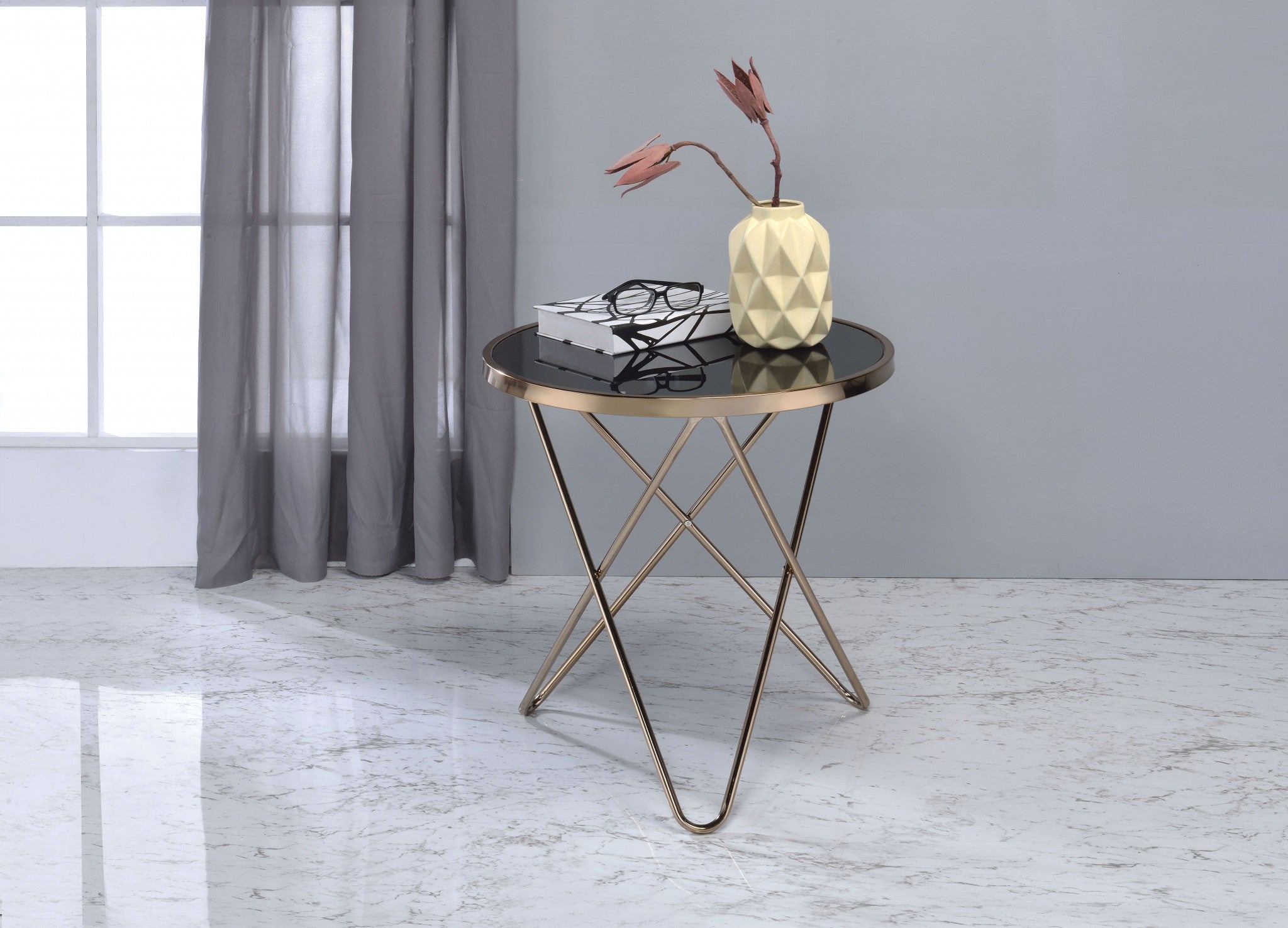  Mod Black Glass and Geo Gold End Table By Homeroots 