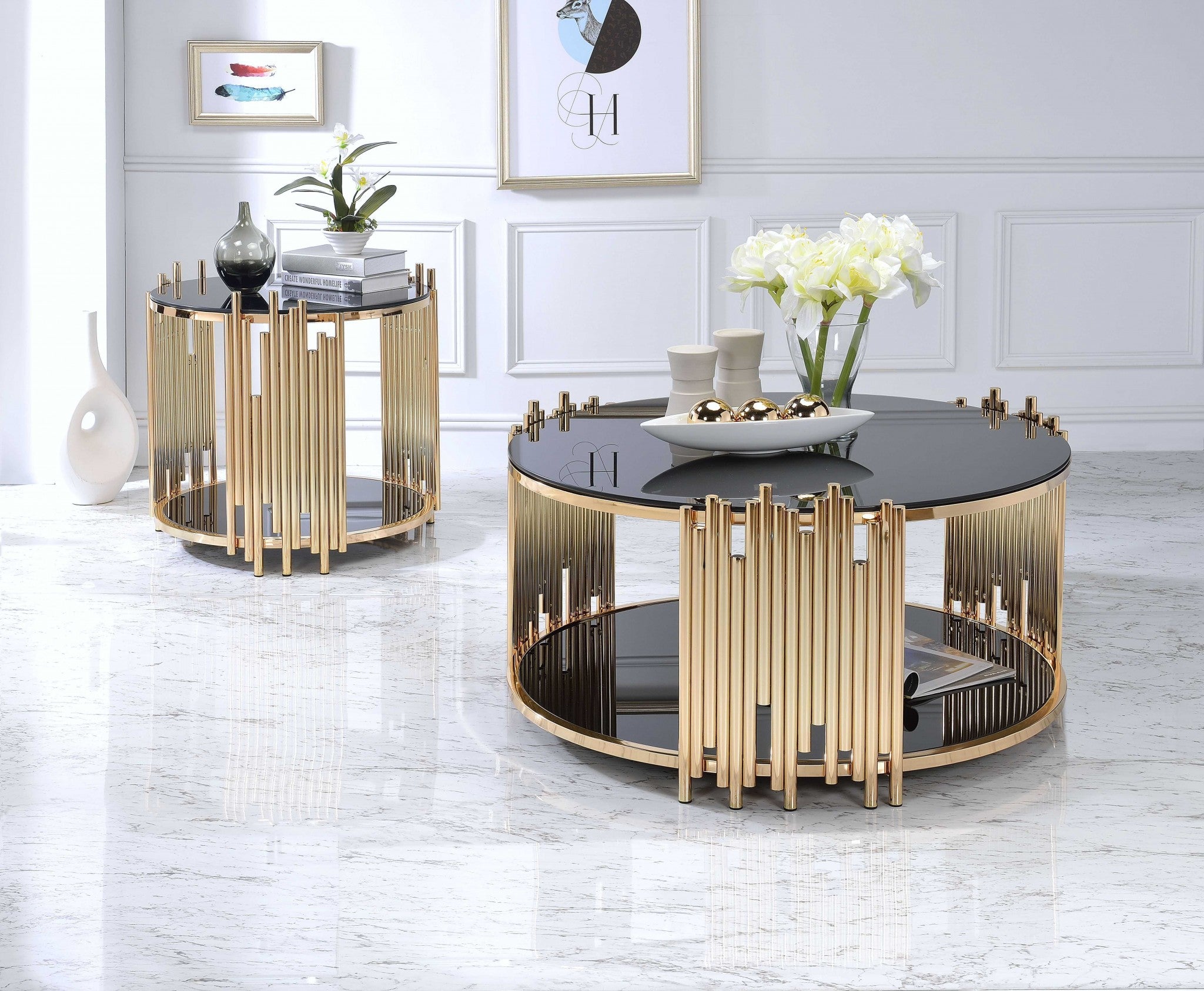  Black Glass And Gold End Table By Homeroots 