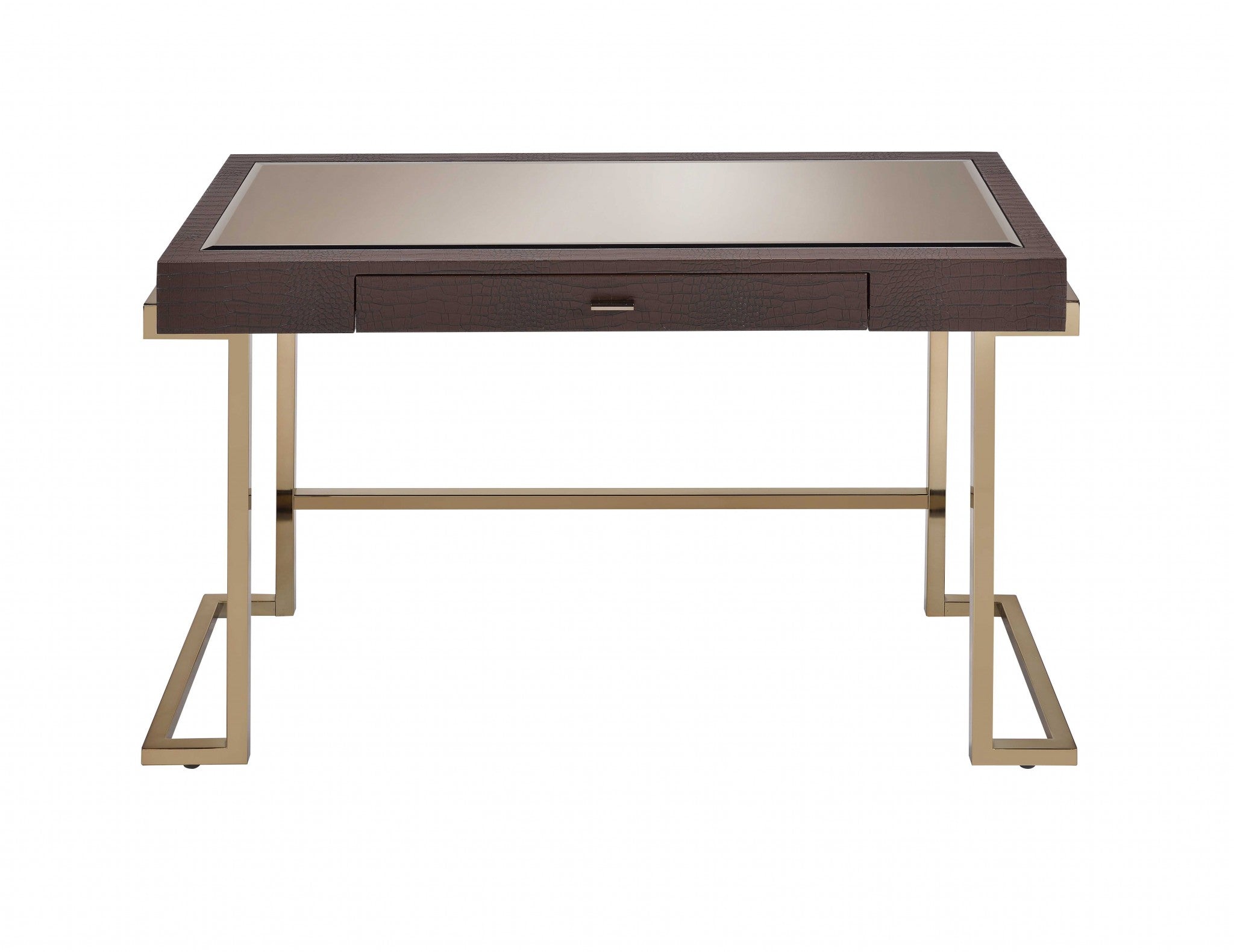  Brown Faux Leather and Light Gold Mirror Desk By Homeroots 