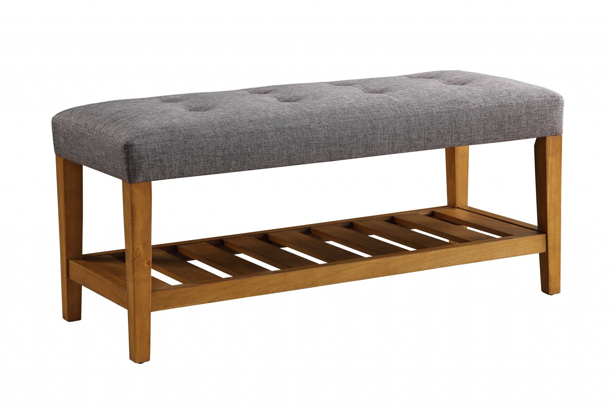  Rectangular Gray Padded Becnh with Oak Finish Legs and Shelf By Homeroots 