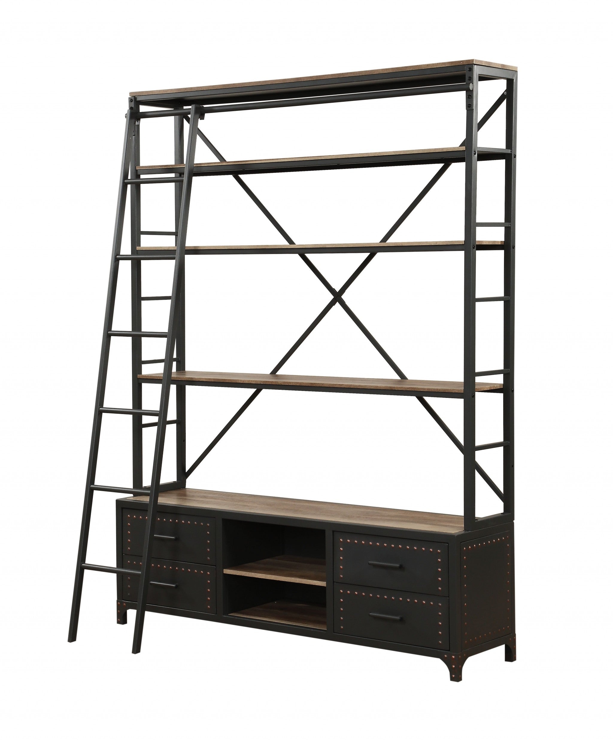  Sandy Gray Metal Tube Bookcase With Ladder By Homeroots 