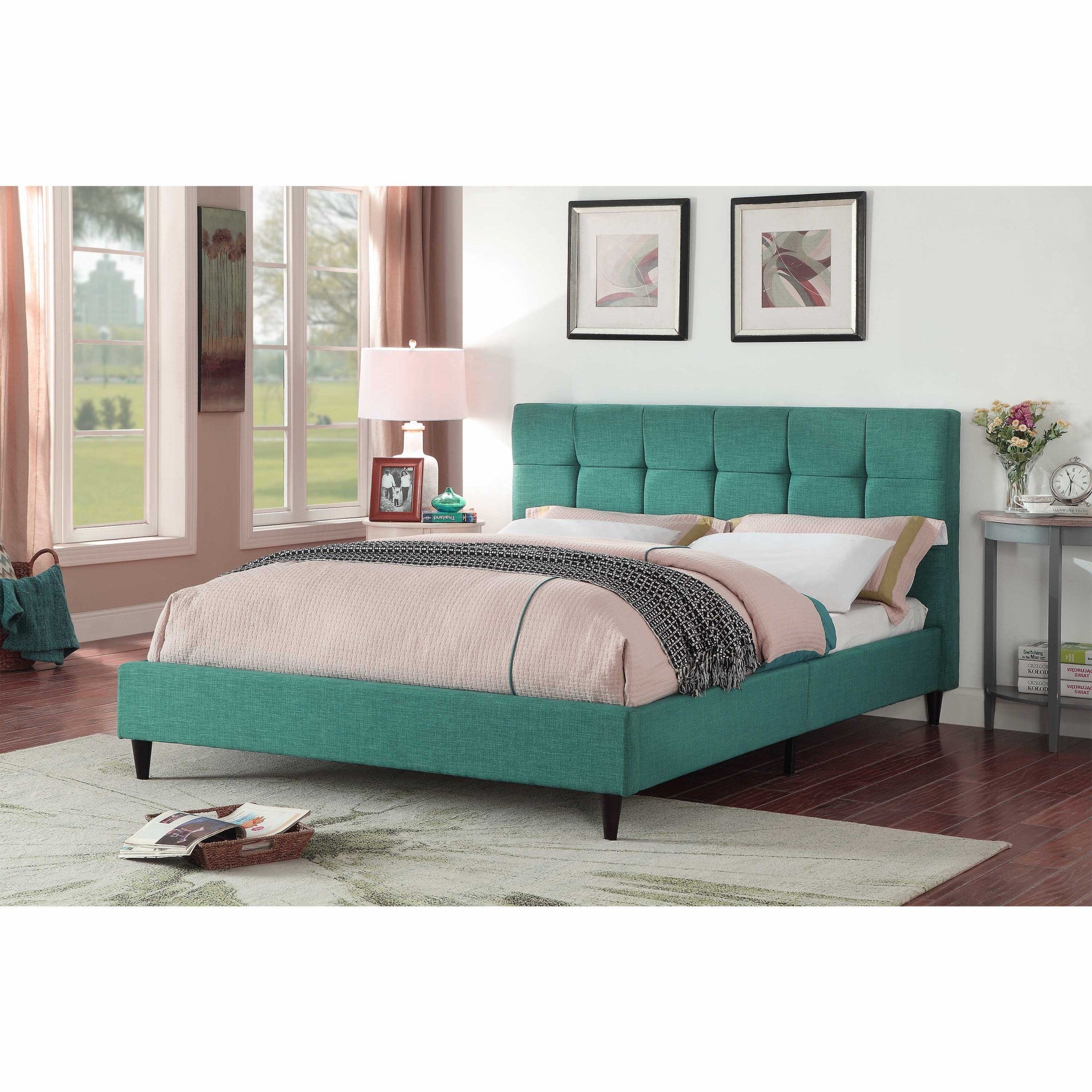  California King Blue Modern Upholstered Square Stitched Platform Bed By Homeroots 