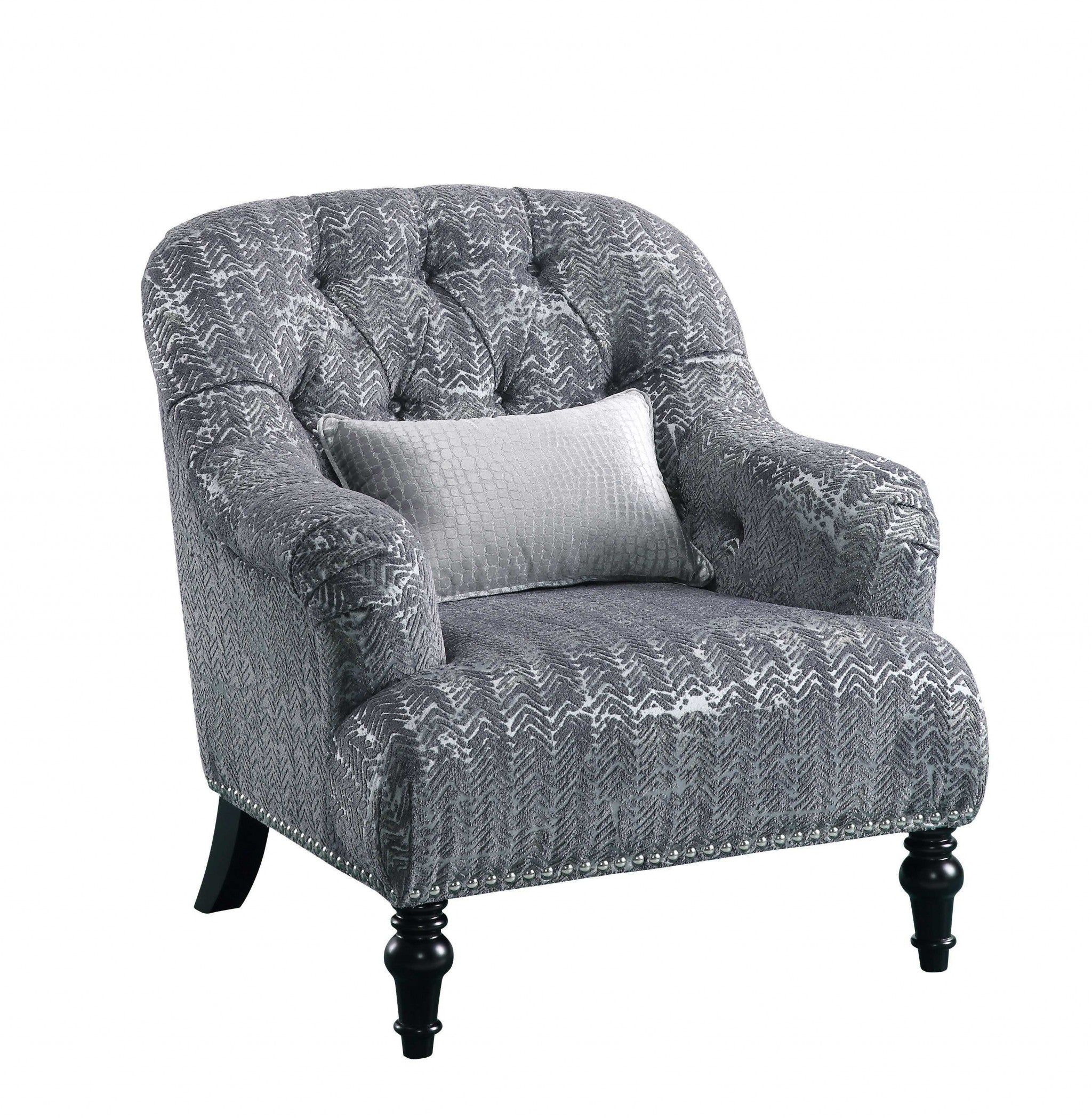  Gray Patterned Velvet Chair w Pillow By Homeroots 