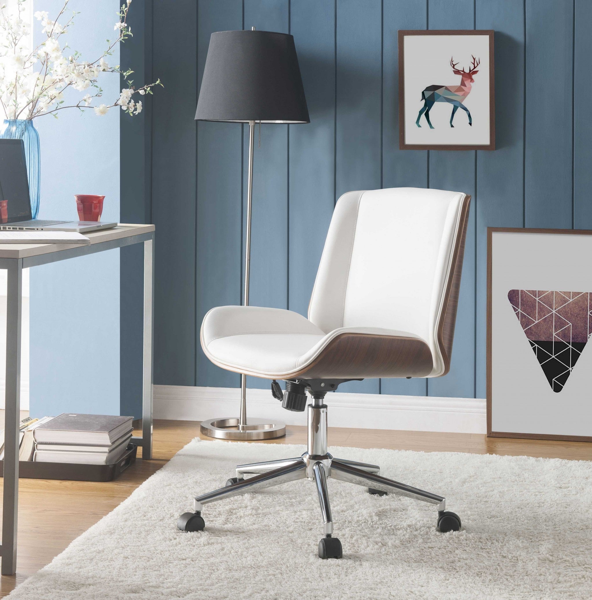  White Leatherette And Walnut Office Chair By Homeroots - 319081 