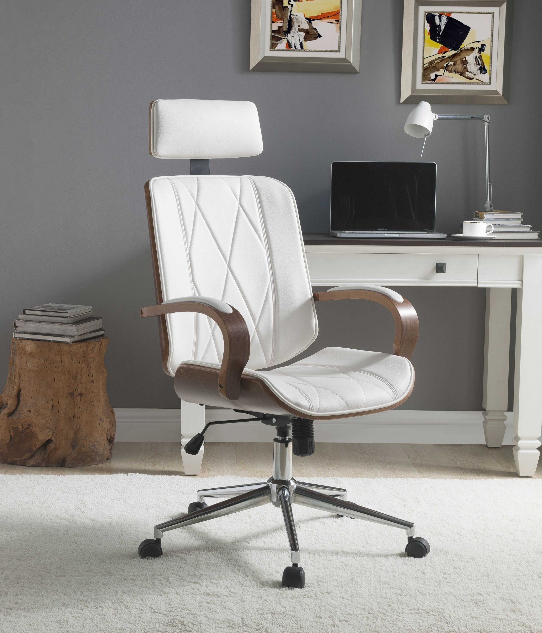  White Leatherette And Walnut Office Chair By Homeroots - 319082 